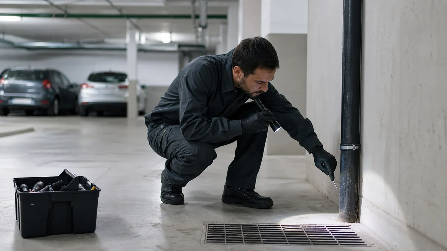 Técnico revisando señales de ratas en un garaje comunitario de Viladecans
